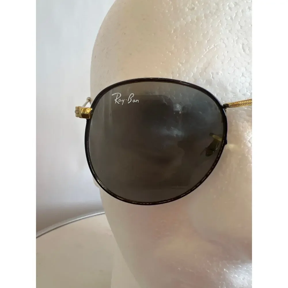 RAY BANS ROUND METAL FULL COLOR LEGEND POLISHED BLACK ON GOLD WITH CASE UNISEX